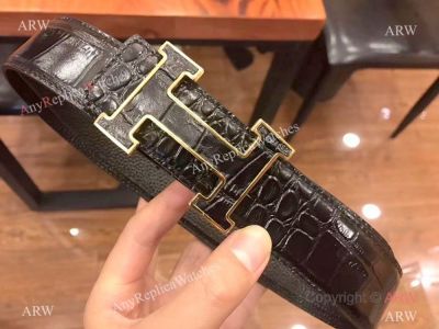 Copy Hermes Crocodile Style Belt w/ Leather H Buckle